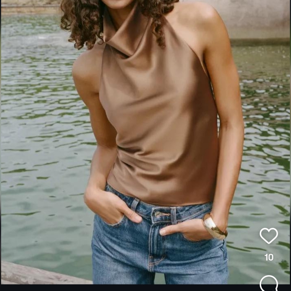 ZARA Brown Satin Halter Top Size L Sleeveless High Neck NWT - Picture 7 of 7